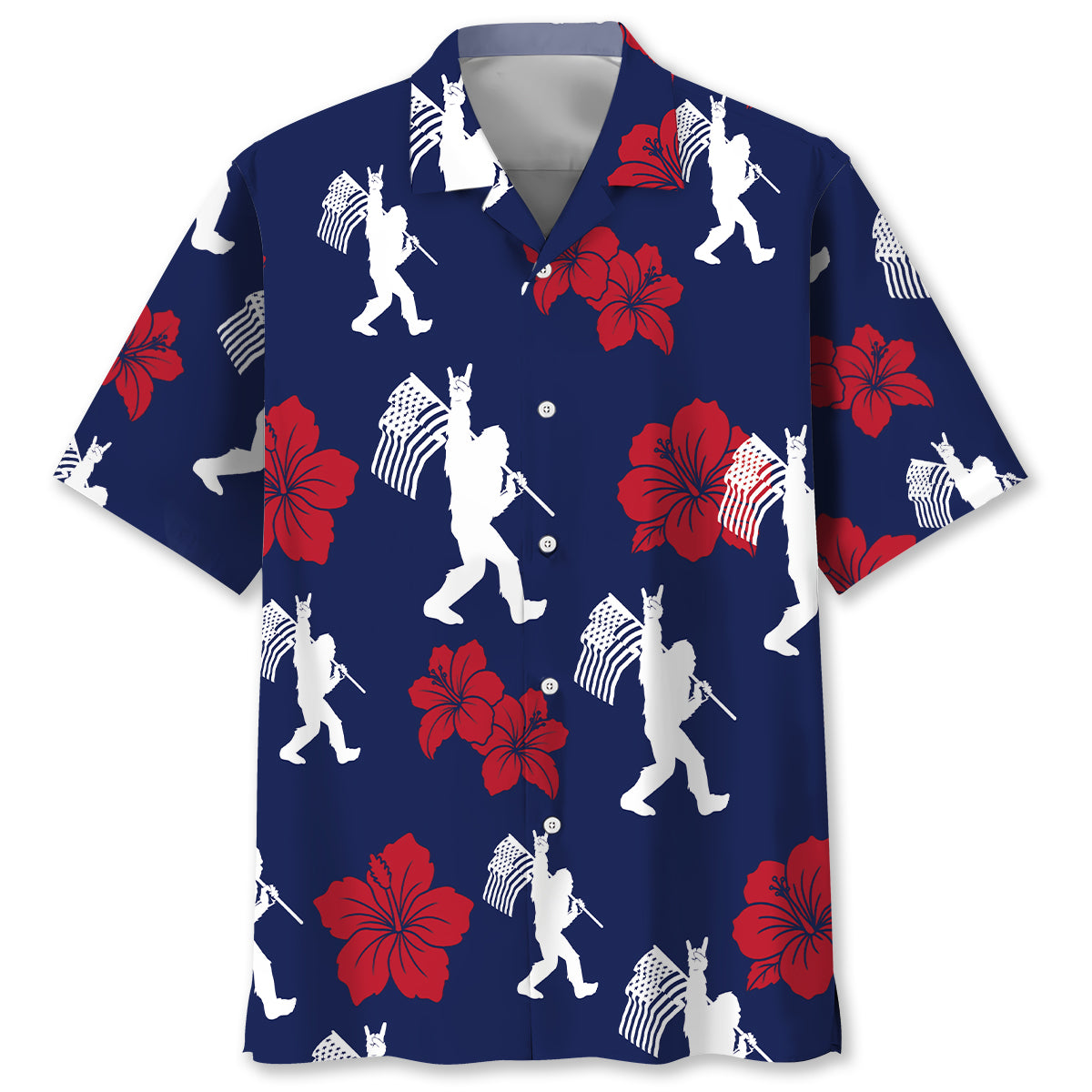 Patriotic Bigfoot USA Flag Color Hawaiian Shirt Front view of the patriotic bigfoot USA flag color Hawaiian shirt featuring bold floral patterns.