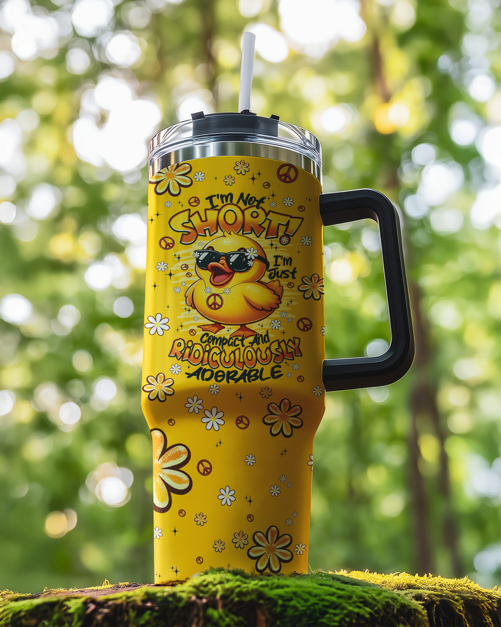 im not short duck hippie tumbler Back view of the I'M NOT SHORT DUCK HIPPIE TUMBLER, highlighting the fun design and sturdy handle.