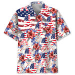 Front view of the Bigfoot festive Hawaiian shirt featuring vibrant flowers and American flags.