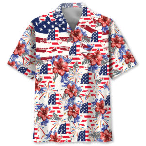 Front view of the Bigfoot festive Hawaiian shirt featuring vibrant flowers and American flags.