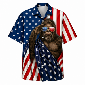 Front view of the Bigfoot patriotic salute Hawaiian shirt featuring red, white, and blue colors.