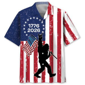 Front view of the Bigfoot 250 years of freedom shirt featuring a bold red and white striped design.
