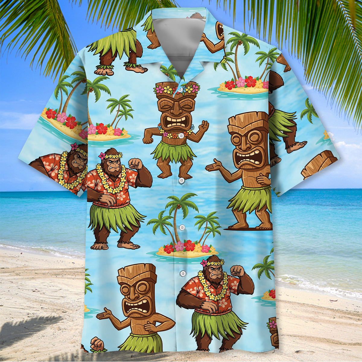 Hula Bigfoot Tiki Dancing Hawaiian Shirt Back view of the hula bigfoot tiki Hawaiian shirt showcasing the lively tiki patterns on a blue background.