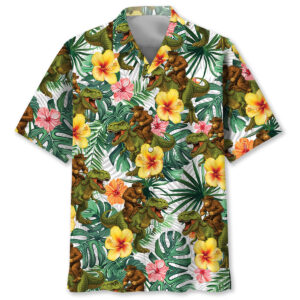 Bigfoot Green Cowboy with Dinosaur Tropical Hawaiian Shirt