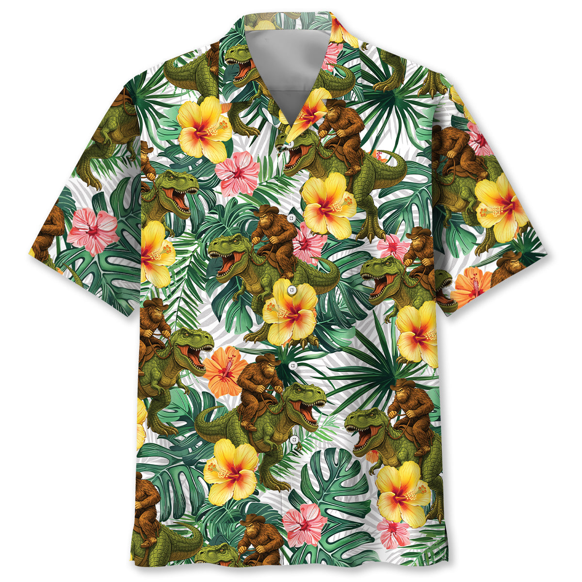 Bigfoot Green Cowboy with Dinosaur Tropical Hawaiian Shirt Bigfoot Green Cowboy with Dinosaur Tropical Hawaiian Shirt