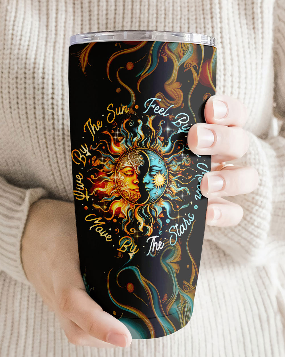 Feel By The Moon Insulated Tumbler | 20oz, 30oz, 40oz Side view of the 30oz tumbler revealing the full design with sun and moon elements against a dark background.