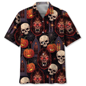 Front view of the skull and sasquatch horror mix Hawaiian shirt featuring vibrant Halloween designs.