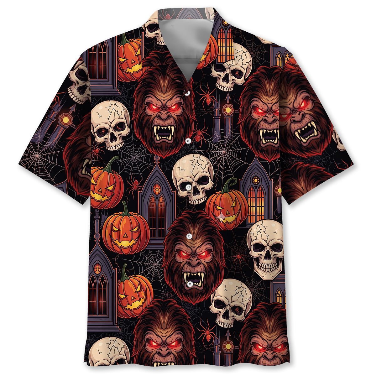Skull and Sasquatch Horror Mix Hawaiian Shirt Front view of the skull and sasquatch horror mix Hawaiian shirt featuring vibrant Halloween designs.
