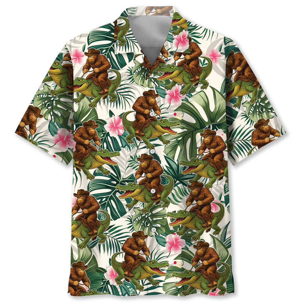 Bigfoot Green Cowboy with Crocodile Tropical Hawaiian Shirt Bigfoot Green Cowboy with Crocodile Tropical Hawaiian Shirt
