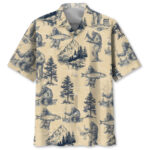 Front view of the Bigfoot Go Fishing Hawaiian shirt featuring a beige background and blue Bigfoot designs.