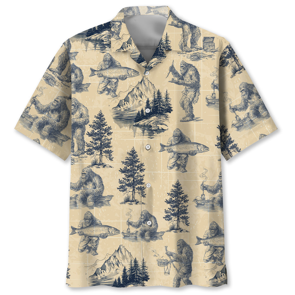 Bigfoot Go Fishing Hawaiian Shirt Front view of the Bigfoot Go Fishing Hawaiian shirt featuring a beige background and blue Bigfoot designs.