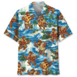 Front view of funny bigfoot play ukulele Hawaiian shirt with vibrant blue and tropical design.