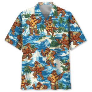 Front view of funny bigfoot play ukulele Hawaiian shirt with vibrant blue and tropical design.