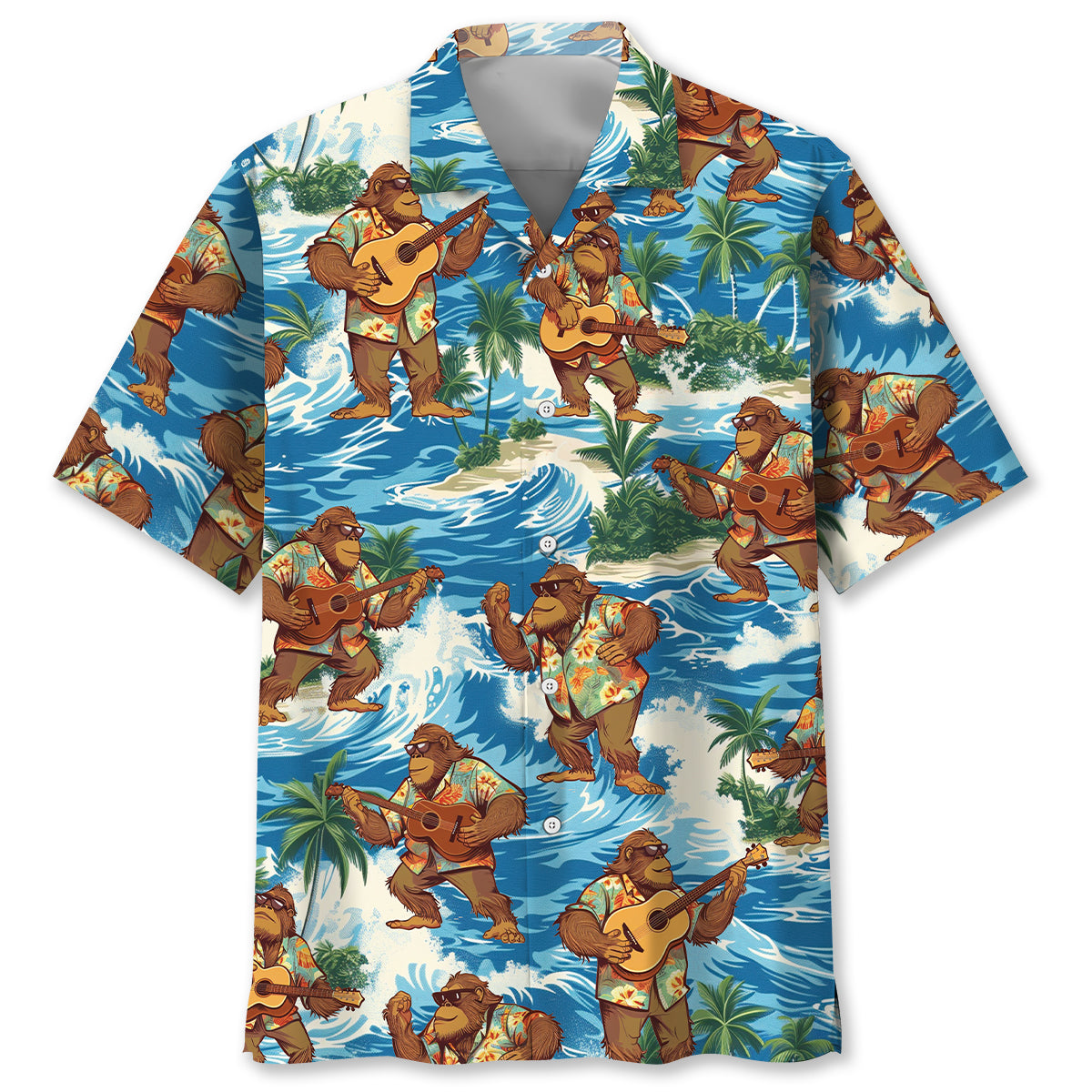 Funny Bigfoot Play Ukulele Hawaiian Shirt Front view of funny bigfoot play ukulele Hawaiian shirt with vibrant blue and tropical design.