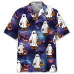 Front view of the Bigfoot Boo funny Hawaiian shirt featuring playful ghosts and pumpkins on a dark background.