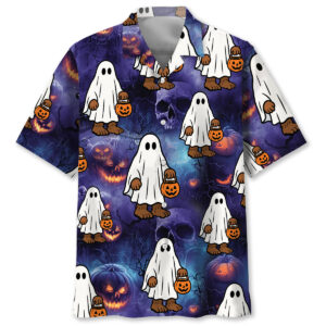 Front view of the Bigfoot Boo funny Hawaiian shirt featuring playful ghosts and pumpkins on a dark background.
