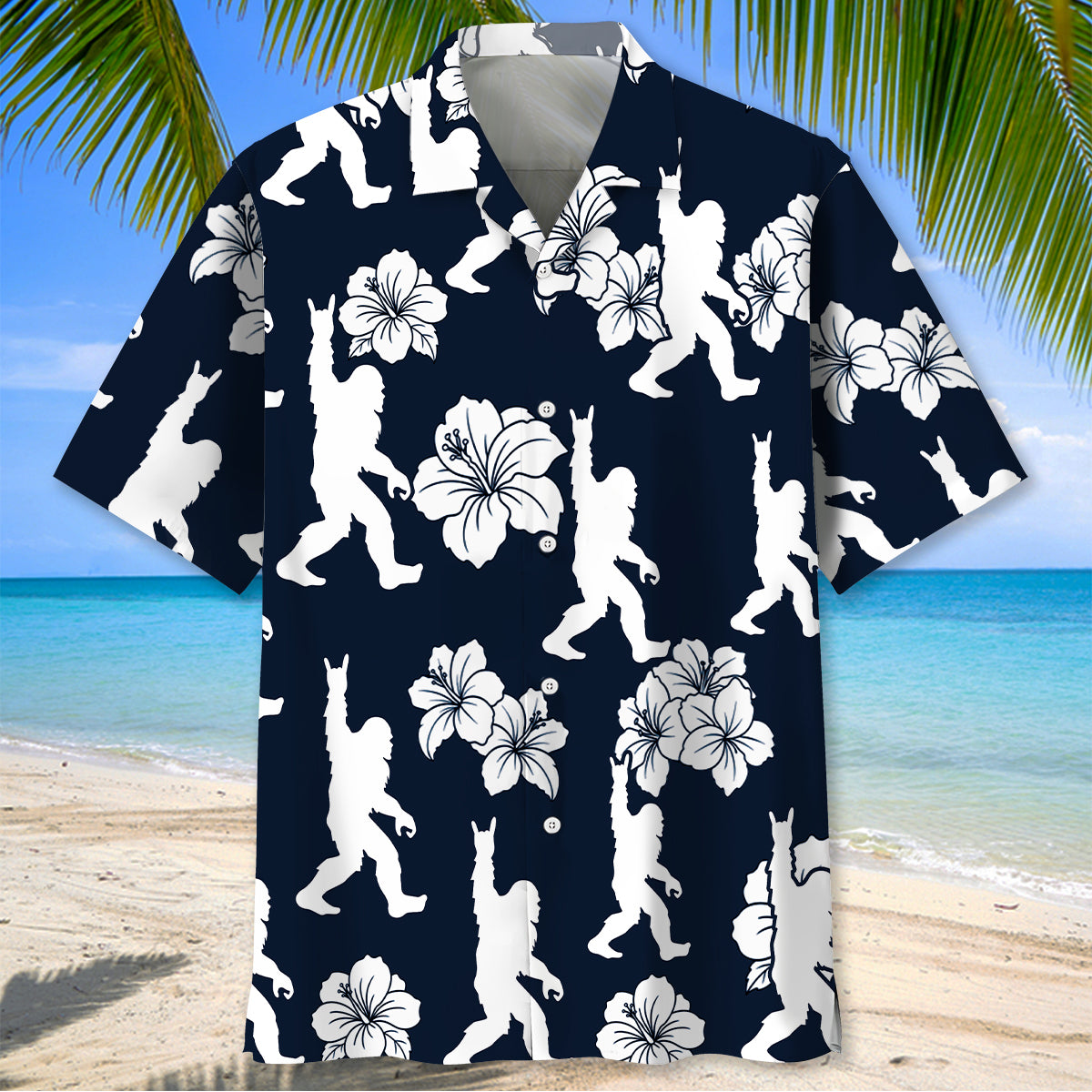 Bigfoot Rock & Roll Hawaiian Shirt Back view of the Bigfoot Rock and Roll Hawaiian shirt showcasing the unique design with hibiscus flowers.