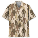 Front view of the bigfoot camouflage pattern Hawaiian shirt in earthy tones featuring iconic Bigfoot silhouettes.