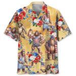 Front view of the vintage bigfoot patriotic floral Hawaiian shirt featuring vibrant floral designs and bold colors.