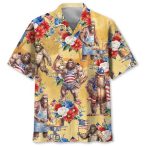 Front view of the vintage bigfoot patriotic floral Hawaiian shirt featuring vibrant floral designs and bold colors.