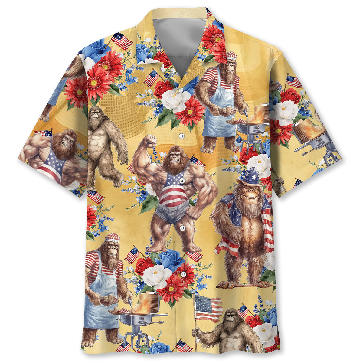 Vintage Bigfoot Patriotic Floral Hawaiian Shirt Front view of the vintage bigfoot patriotic floral Hawaiian shirt featuring vibrant floral designs and bold colors.