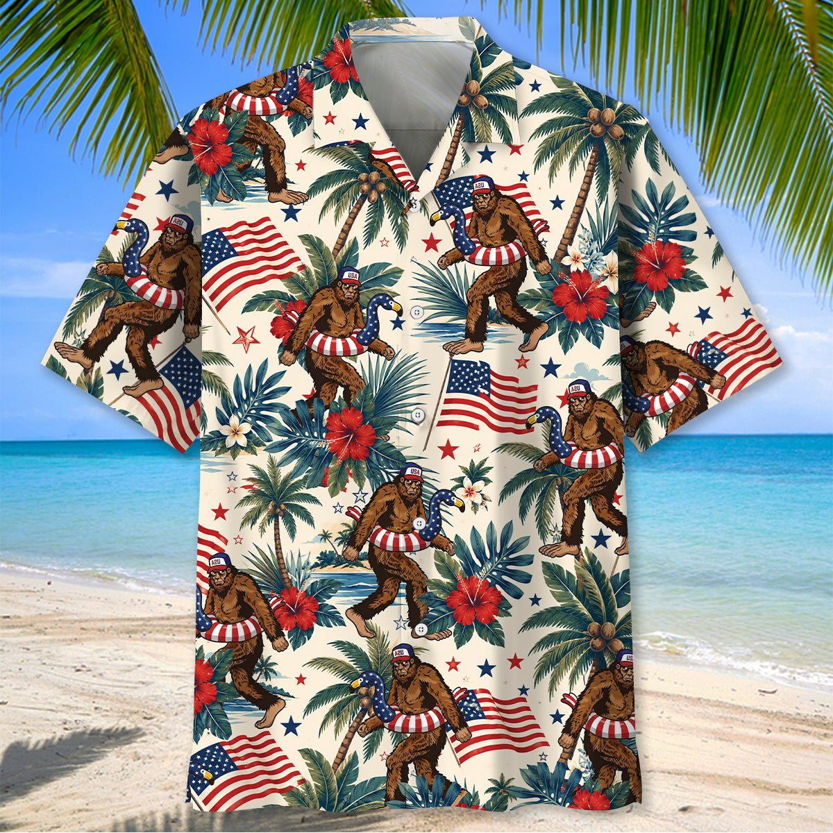 Tropical Patriotic Bigfoot Flamingo Hawaiian Shirt Tropical Patriotic Bigfoot Flamingo Hawaiian Shirt - Image 2