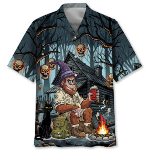 Front view of Bigfoot Hawaiian shirt featuring spooky campground design with dark colors and skulls.