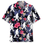 Front view of the tropical bigfoot walking Hawaiian shirt featuring vibrant floral patterns and a dark background.