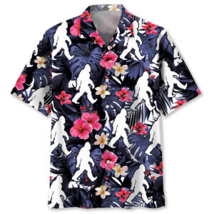 Front view of the tropical bigfoot walking Hawaiian shirt featuring vibrant floral patterns and a dark background.