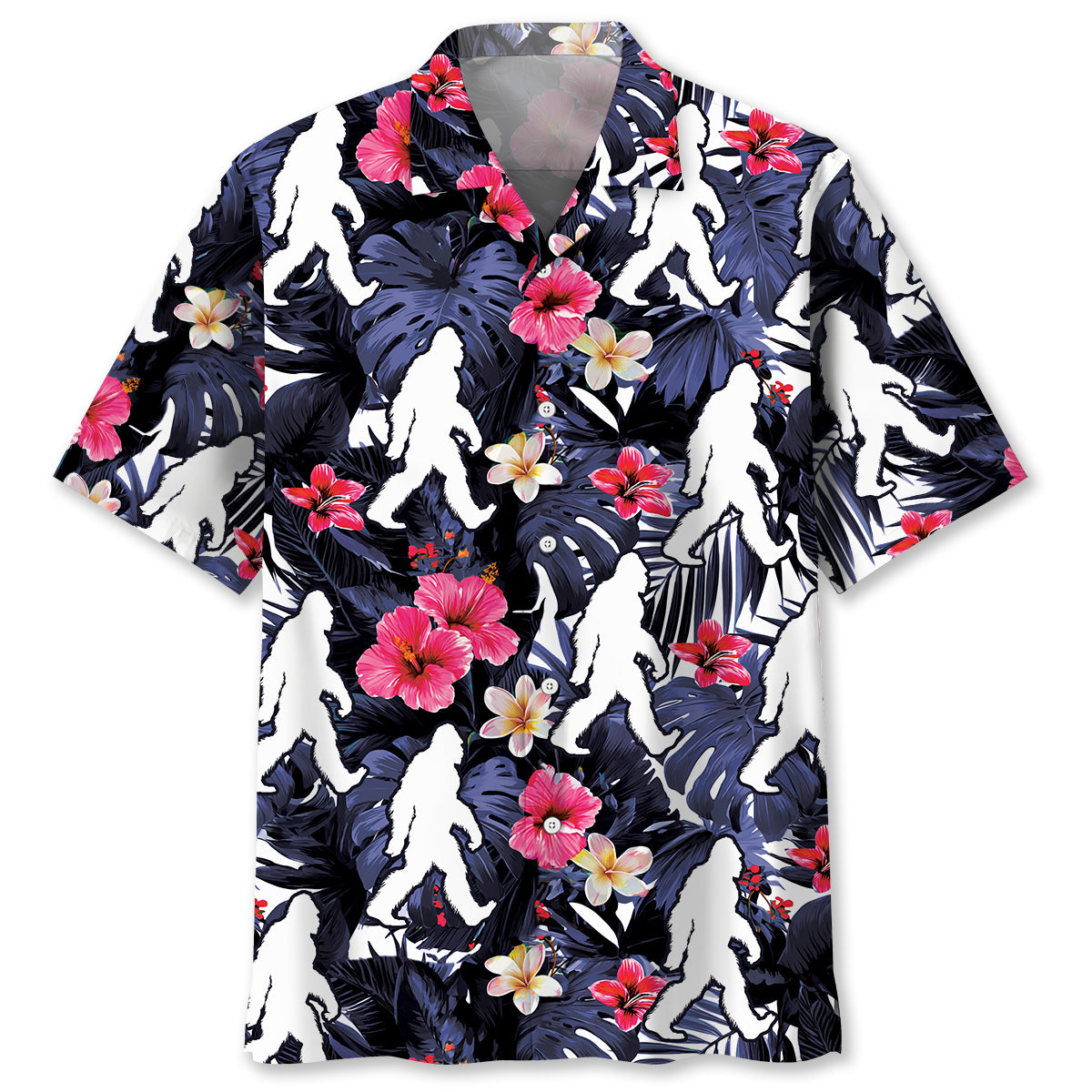 Tropical Bigfoot Walking Hawaiian Shirt Front view of the tropical bigfoot walking Hawaiian shirt featuring vibrant floral patterns and a dark background.