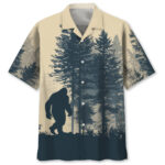Front view of the Bigfoot Hide and Seek Hawaiian shirt featuring a dark silhouette against a beige background.
