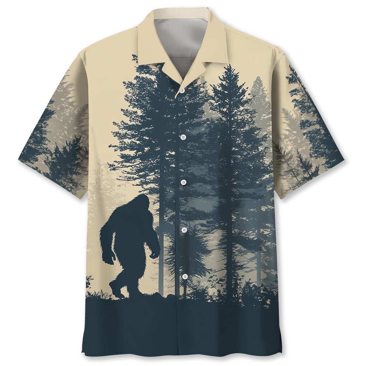 Bigfoot Hide and Seek Hawaiian Shirt Front view of the Bigfoot Hide and Seek Hawaiian shirt featuring a dark silhouette against a beige background.