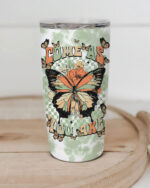 Front view of the Come As You Are insulated tumbler, showcasing vibrant butterfly and floral designs.