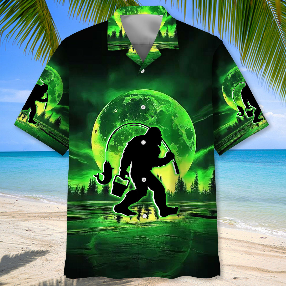 Bigfoot Fishing Night Hawaiian Shirt Back of the Bigfoot fishing night Hawaiian shirt showcasing a striking silhouette against a night sky.