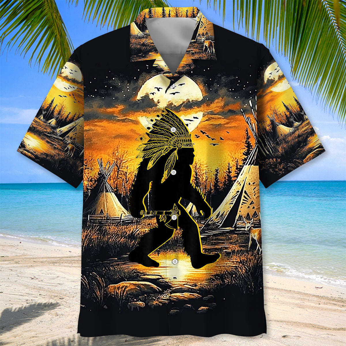 American Native Bigfoot Strolling Hawaiian Shirt Back view showcasing the full design of the American Native Bigfoot Strolling Hawaiian Shirt with scenic patterns.