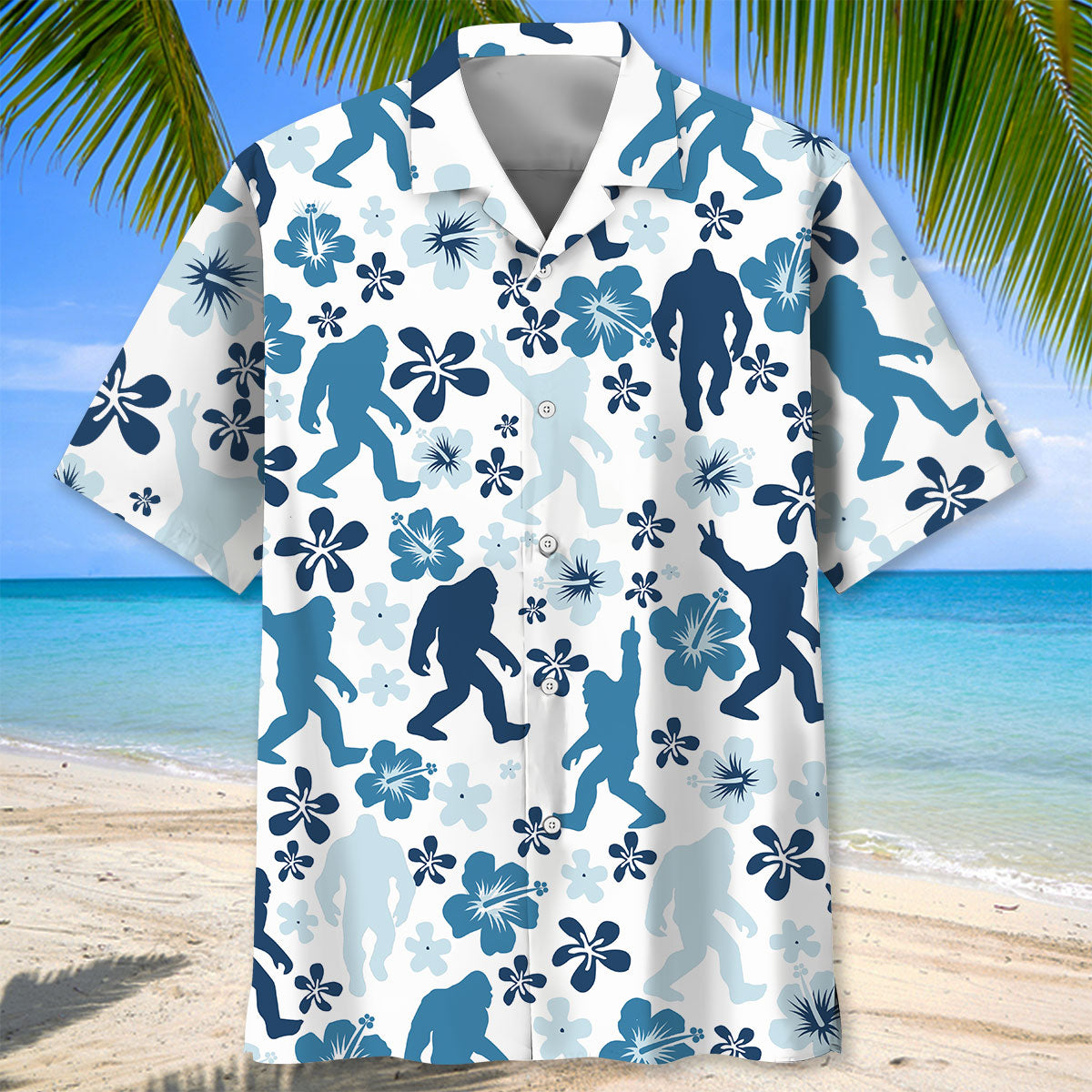 Bigfoot Hibiscus Blue Hawaiian Shirt Back view showcasing the full pattern of the Bigfoot hibiscus blue Hawaiian shirt in a playful design.