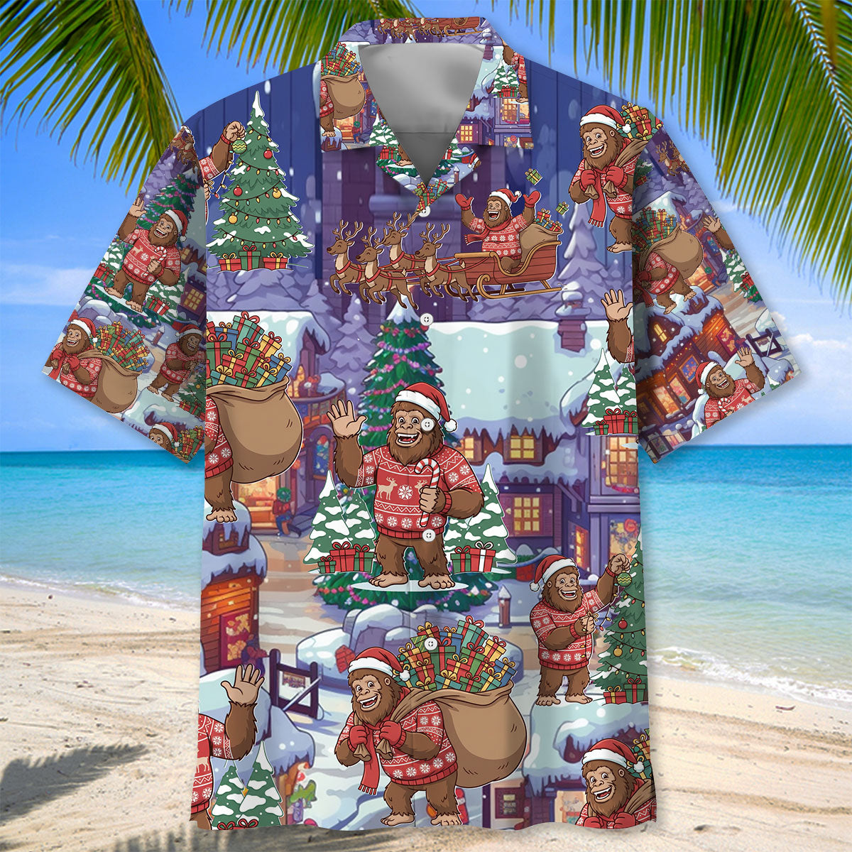 Bigfoot Celebrate Xmas Hawaiian Shirt Lifestyle shot of the bigfoot celebrate xmas hawaiian shirt worn at a holiday party, capturing festive spirit and fun.