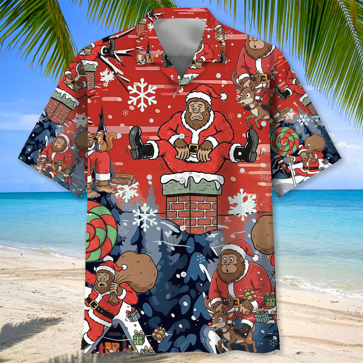 Bigfoot Santa Funny Hawaiian Shirt Back view of the Bigfoot Santa funny Hawaiian shirt, showcasing a fun pattern with snowflakes and festive characters.