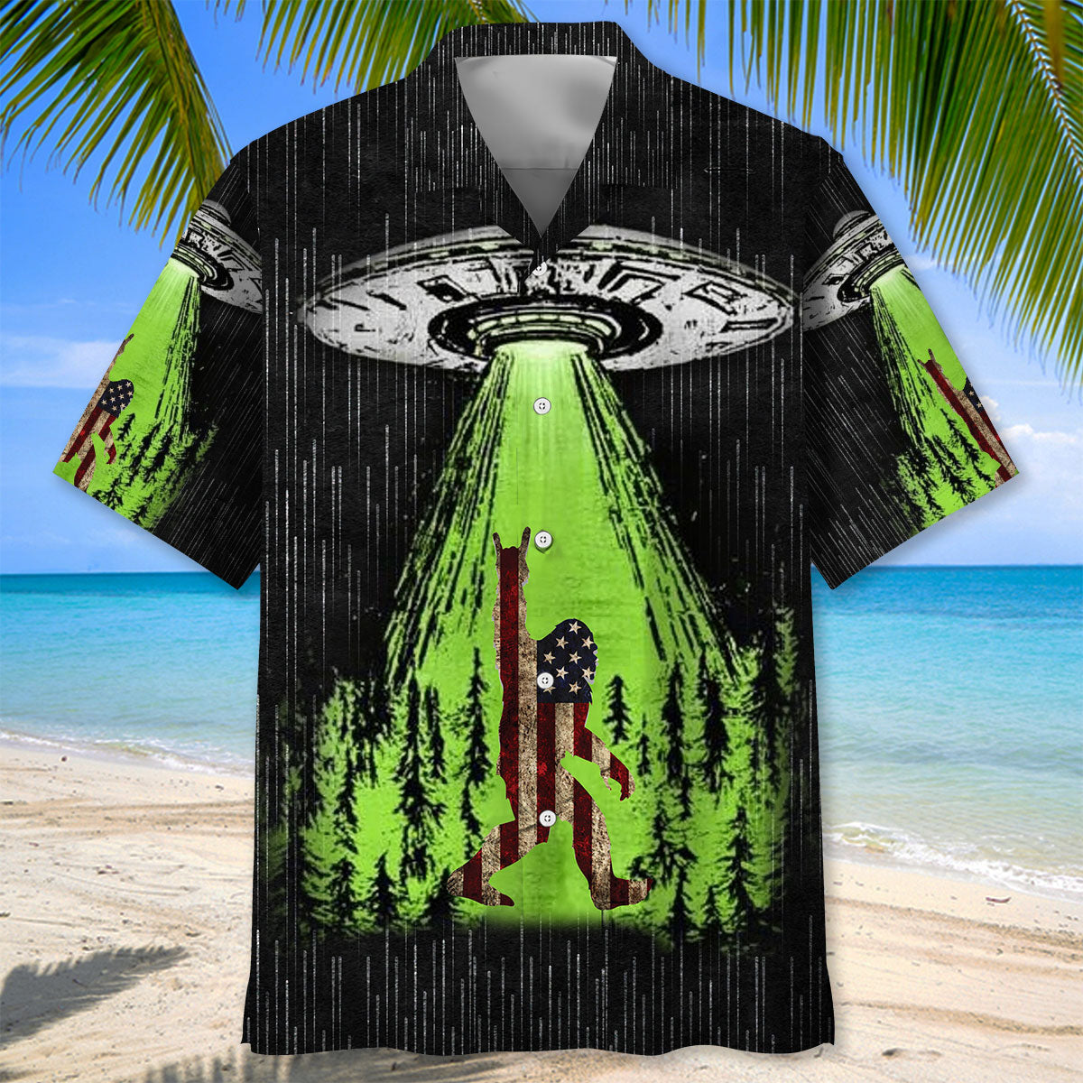 Sasquatch and UFO Abduction Hawaiian Shirt Back view of the sasquatch and ufo abduction Hawaiian shirt showcasing the unique forest design.