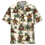 Front view of the funny sasquatch summer vacation shirt featuring vibrant tropical designs and playful colors.