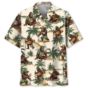 Front view of the funny sasquatch summer vacation shirt featuring vibrant tropical designs and playful colors.