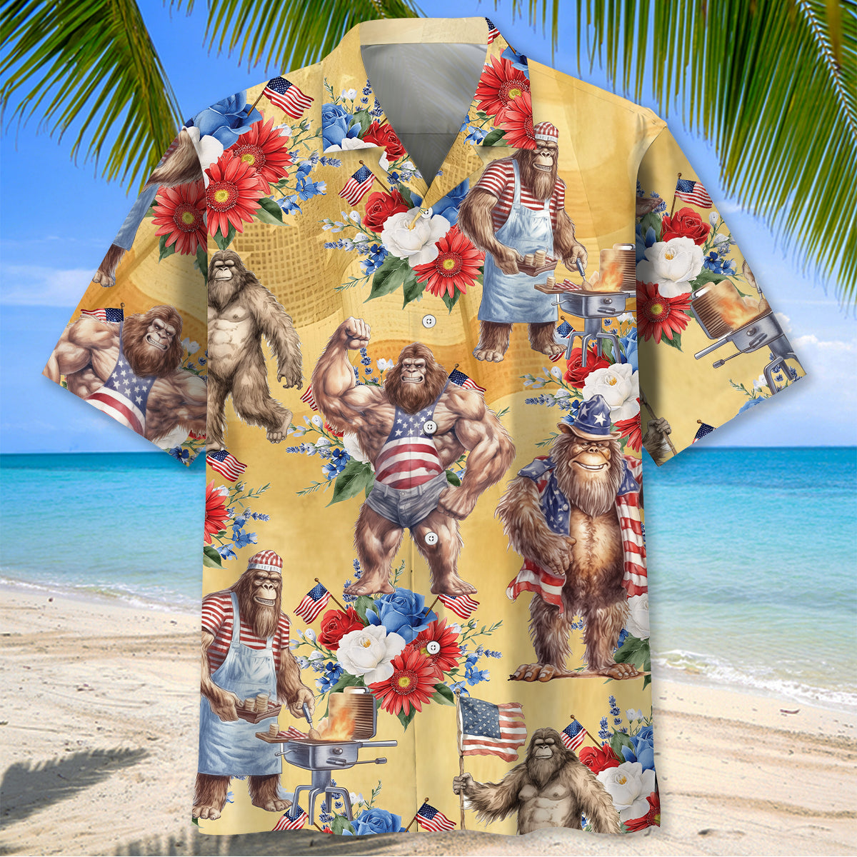Vintage Bigfoot Patriotic Floral Hawaiian Shirt Back view of the vintage bigfoot patriotic floral Hawaiian shirt displaying a detailed print of Bigfoot in patriotic attire.