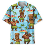 Front view of the hula bigfoot tiki Hawaiian shirt featuring vibrant colors and playful designs.