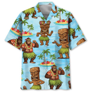 Front view of the hula bigfoot tiki Hawaiian shirt featuring vibrant colors and playful designs.