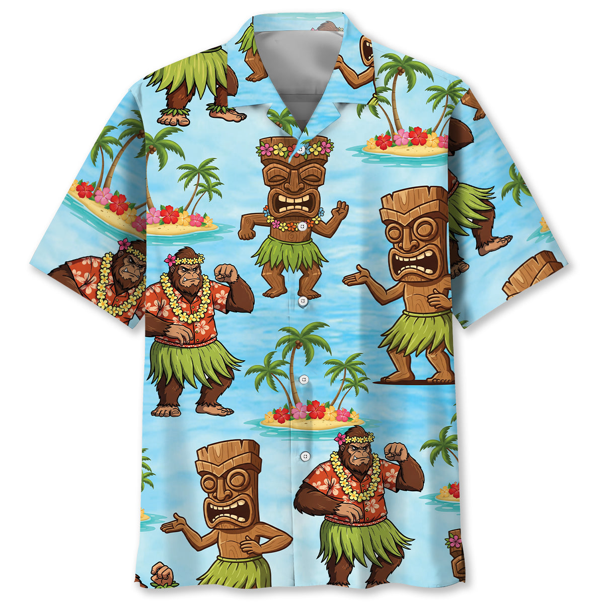 Hula Bigfoot Tiki Dancing Hawaiian Shirt Front view of the hula bigfoot tiki Hawaiian shirt featuring vibrant colors and playful designs.