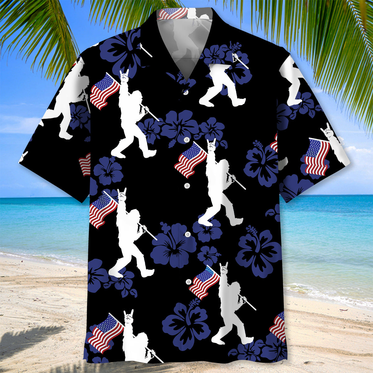 Patriotic Bigfoot USA Flag Hawaiian Shirt Back view showcasing the patriotic bigfoot USA flag Hawaiian shirt with striking white silhouettes and colorful flowers.