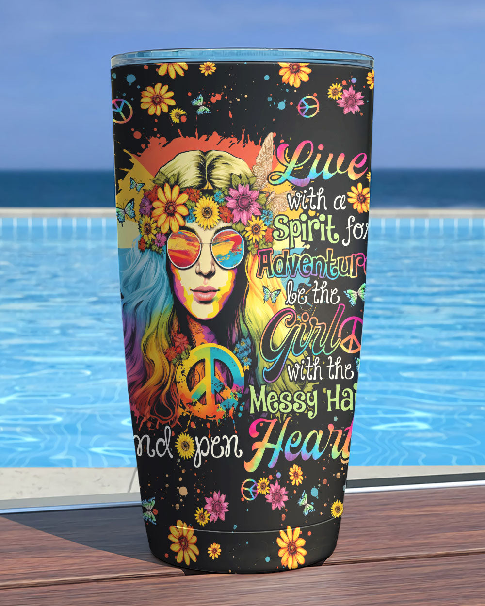 Live with a Spirit Tie Dye Insulated Tumbler Close-up detail of the live with a spirit tumbler's intricate tie-dye pattern and floral accents, highlighting craftsmanship.