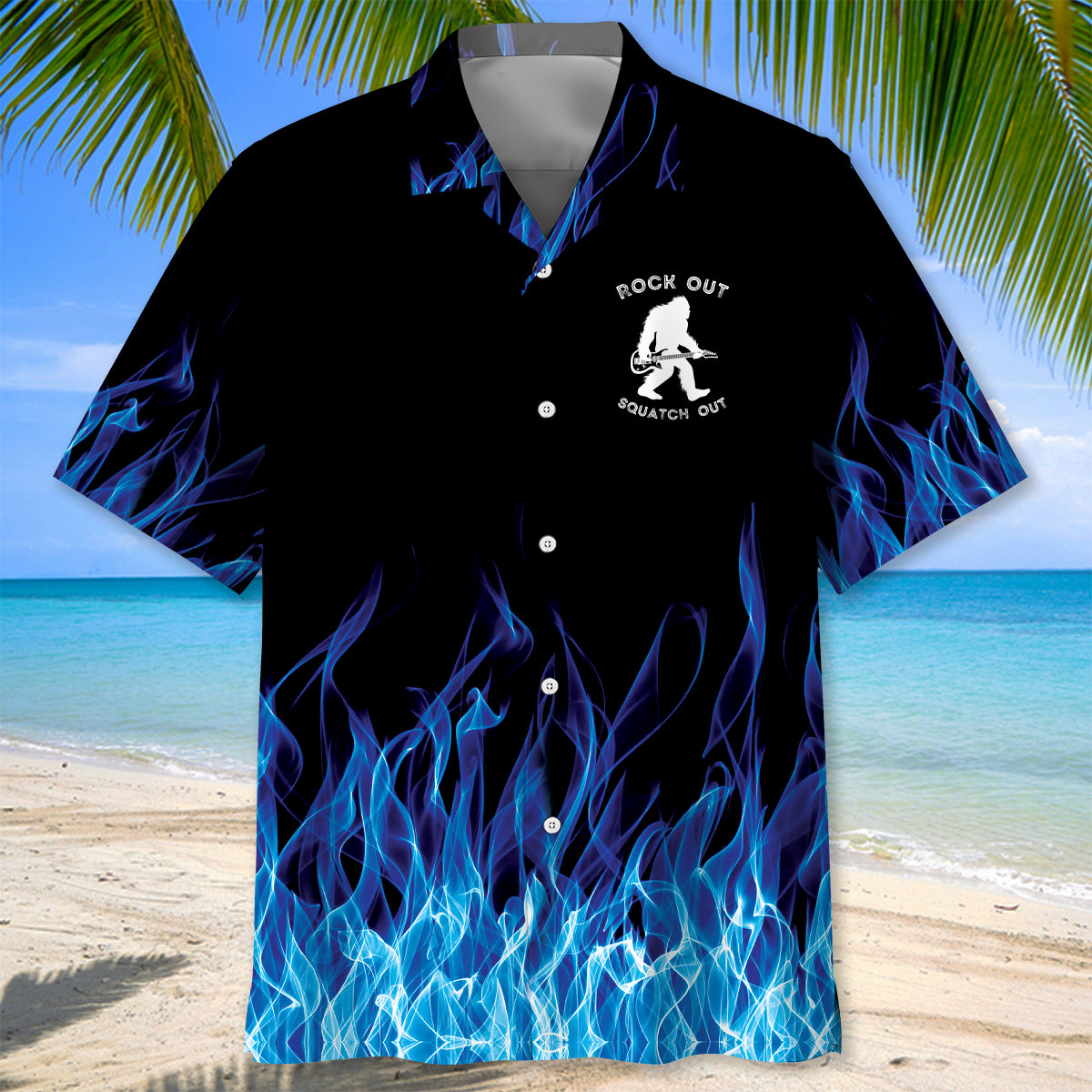 Bigfoot Playing a Guitar Rock on Sasquatch Hawaiian Shirt Bigfoot Playing a Guitar Rock on Sasquatch Hawaiian Shirt - Image 2