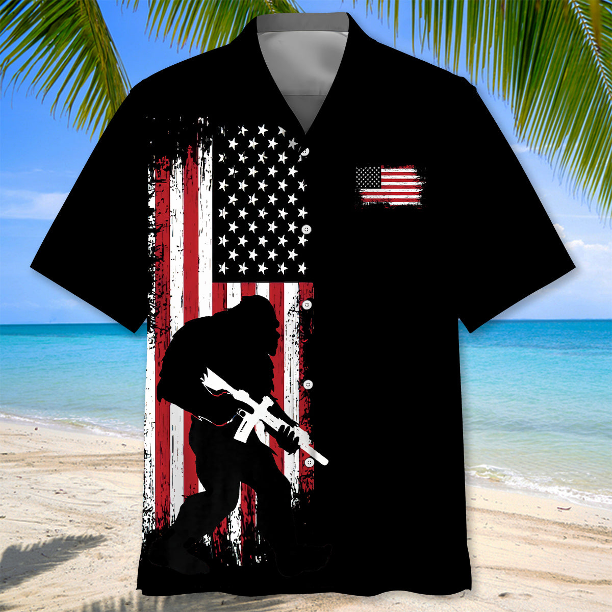 Bigfoot Silhouette American Flag Hawaiian Shirt Back view showcasing the bigfoot silhouette American flag Hawaiian shirt, highlighting the unique patriotic design.