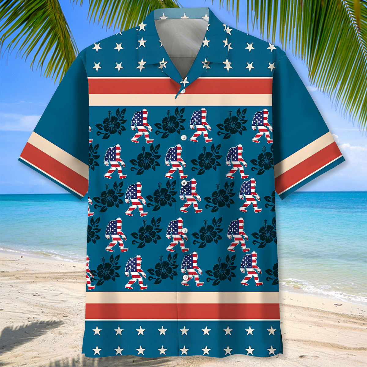 Bigfoot Patriot Hibiscus Hawaiian Shirt Back view of the Bigfoot Patriot Hibiscus Hawaiian shirt featuring a bold hibiscus design.